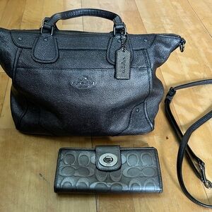Coach Metallic Gray Tote and Wallet Set